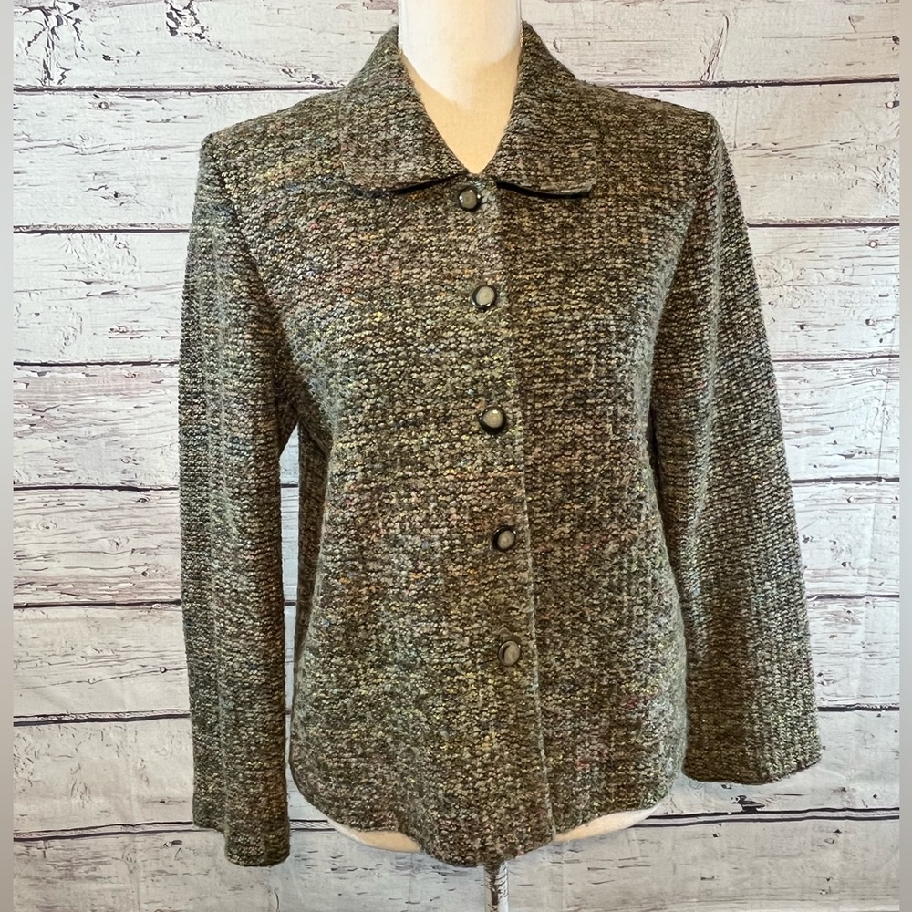 SAG HARBOR (Dress) Vintage 90's Boucle Blazer Button Front Olive/Multi-8